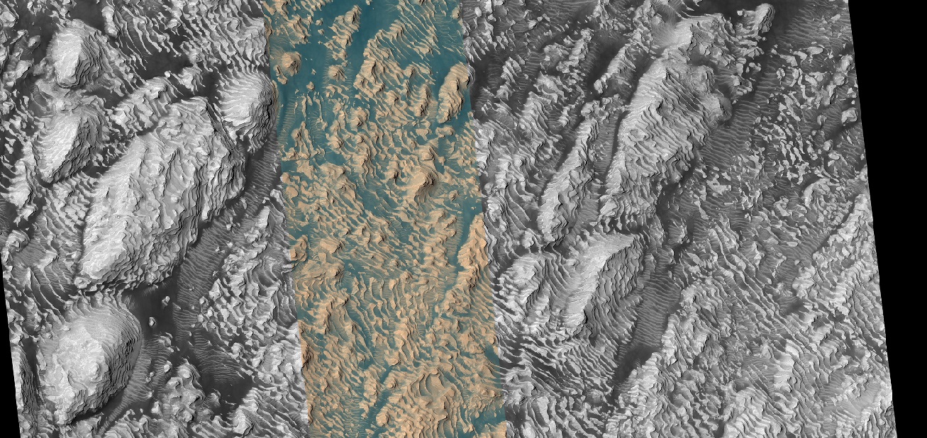 Wide view of layers in Danielson Crater The center band is in color