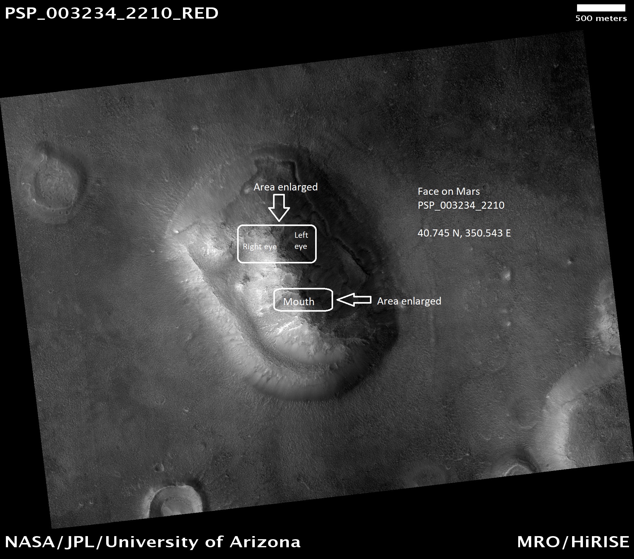 Face on Mars showing parts that are enlarged in other images. Picture was taken by HiRISE.