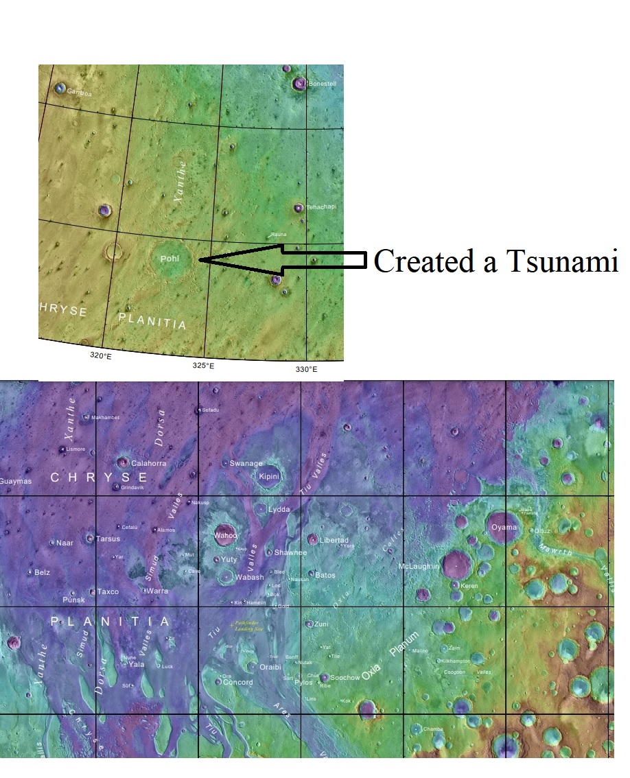 Map showing location of Pohl Crater the source of the firs tsunami