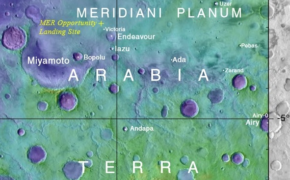 Map showing location of Opportunity and some nearby features