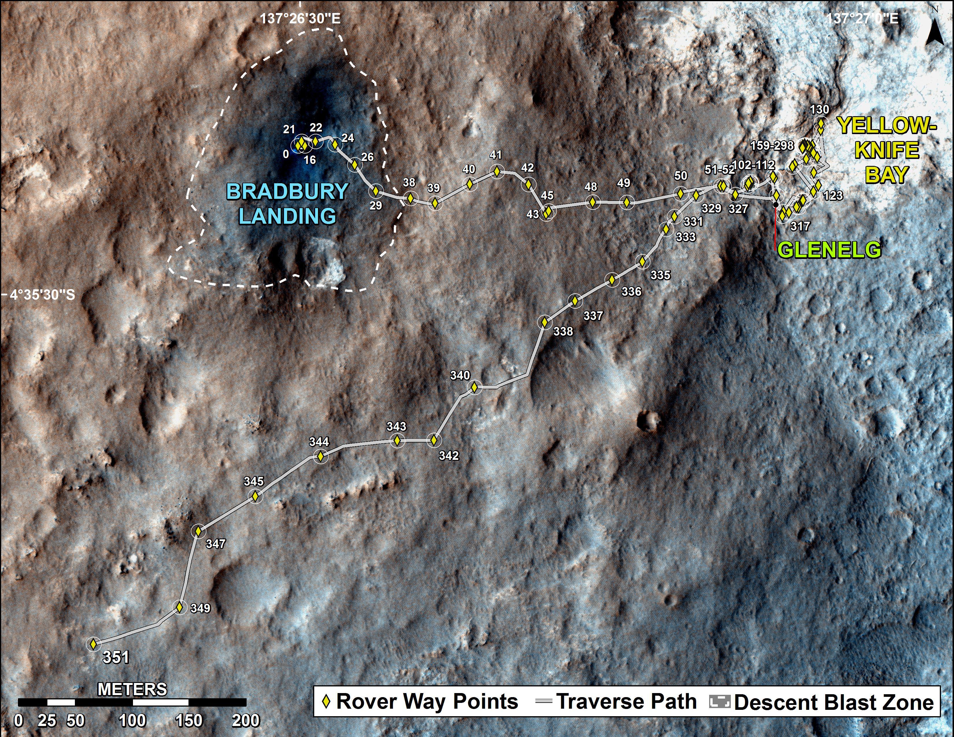 Map showing where Curiosity went in the first year Organic chemicals were found in the Yellow-knife Bay region in Sheepbed mudstone.