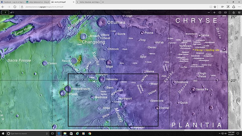 Map showing relative positions of several valleys in Lunae Palus quadrangle, including Vedra Valles, Maumee Valles, and Maja Valles. Box indicates where these valleys can be found. Colors show elevation.