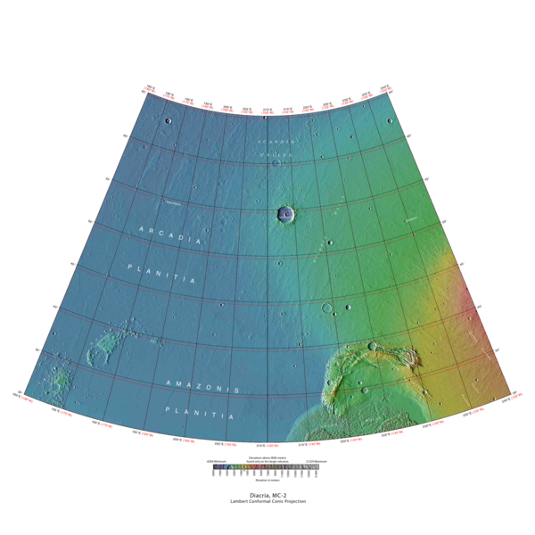 Topographic Map of Diacria Quadrangle Colors relate to elevation