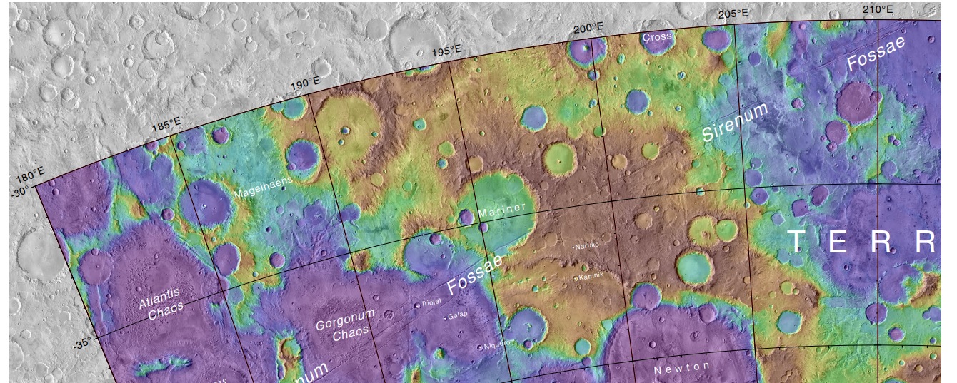 Map showing Mariner Crater and other nearby features. Mariner Crater was named after Mariner 4 which imaged the crater in 1965. Colors relate to elevations.