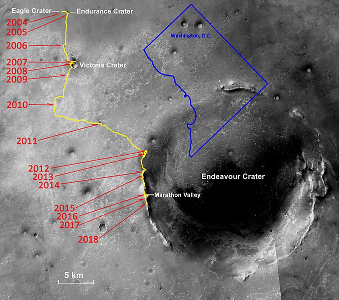 Trail taken by Opportunity with overlay of Washington D.C for scale