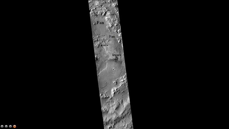 Jones Crater, as seen by CTX camera (on Mars Reconnaissance Orbiter). Regions on the floor containing layers, fans, and dunes are labeled.