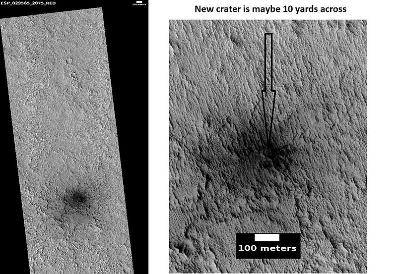 New, small crater We have detected many new craters on Mars that have impacted the planet since good cameras have orbited the planet.