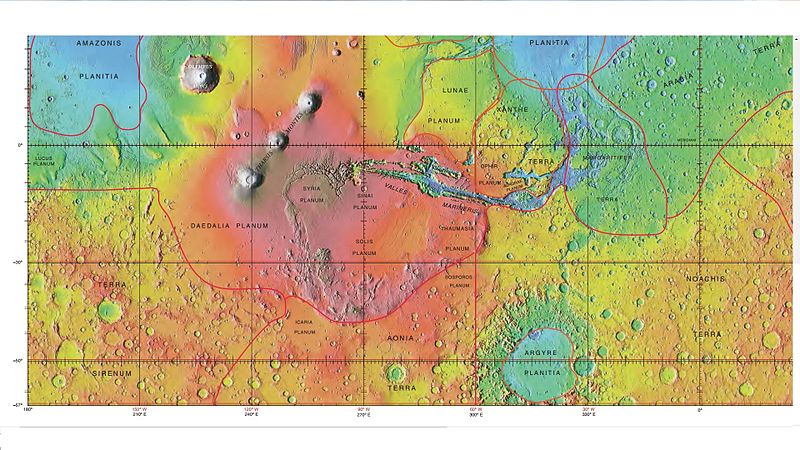MOLA map showing boundaries for Lunae Planum and other regions. Colors indicate elevations.