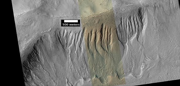 Gullies in Phaethontis quadrangle Ridges at the end of the gullies may be the remains of old glaciers.[87]