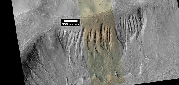 Gullies in Phaethontis quadrangle Ridges at the end of the gullies may be the remains of old glaciers.[83]