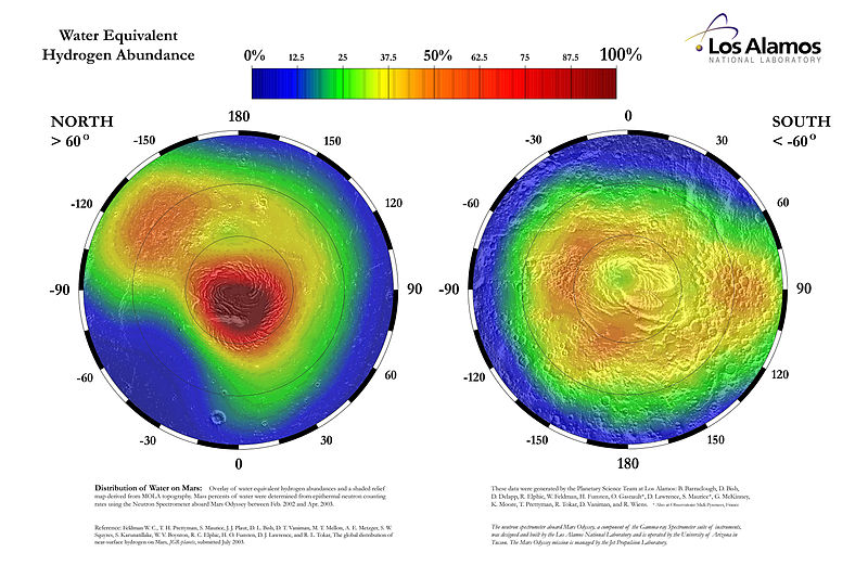Map showing abundance of water in the upper meter of Mars in the high latitudes, as measured by Mars Odyssey