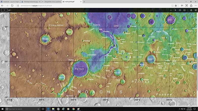 Map showing locations of several valleys in the Margaritifer Sinus quadrangle: Landon Valles, Nirgal Vallis, Uzboi Vallis, Arda Valles, Samara Valles, Himera Valles, and Clota Vallis