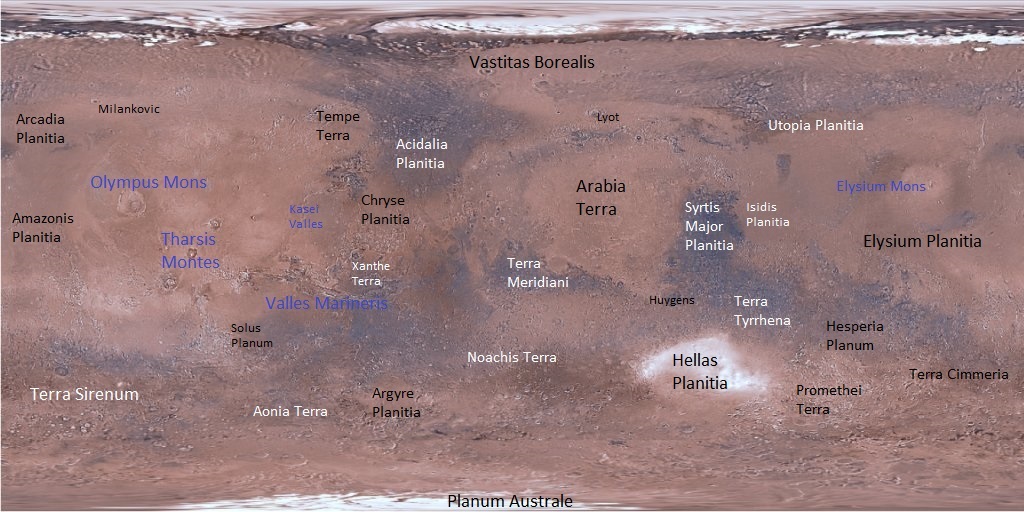 Image of Mars with most major features labeled This map can be freely used because it is in the public domain