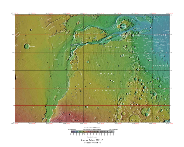 MOLA showing names of some features. Colors refer to elevation.
