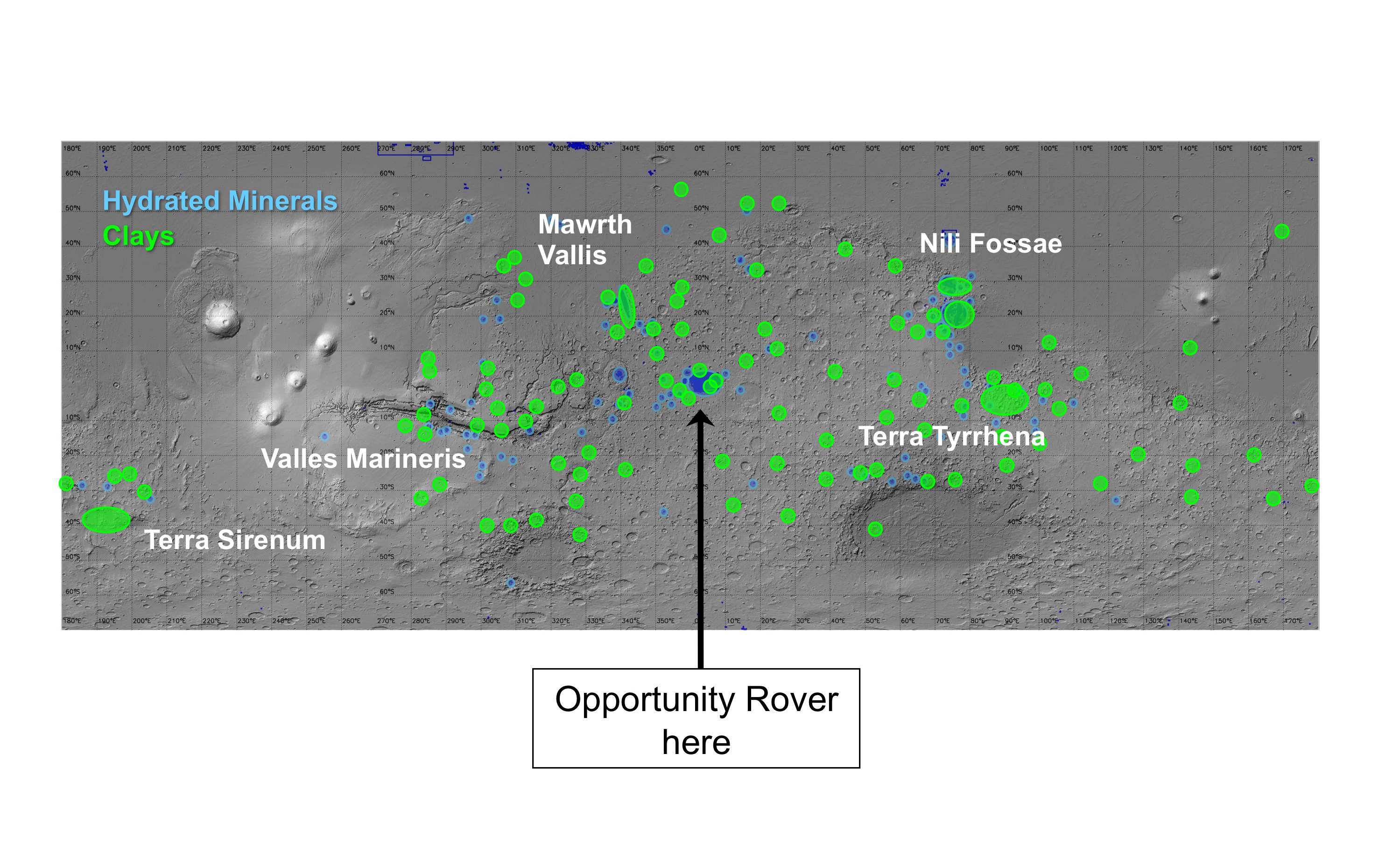 Locations of clay and hydrated minerals