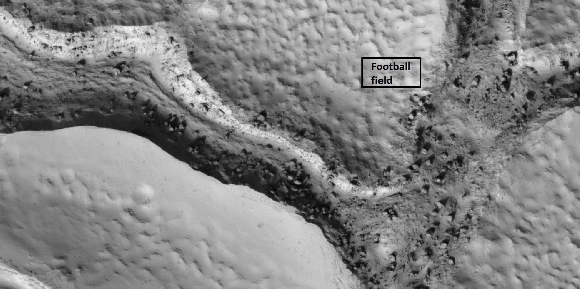 Close view of fractured ground Box shows size of football field. The boulders are the size of houses.