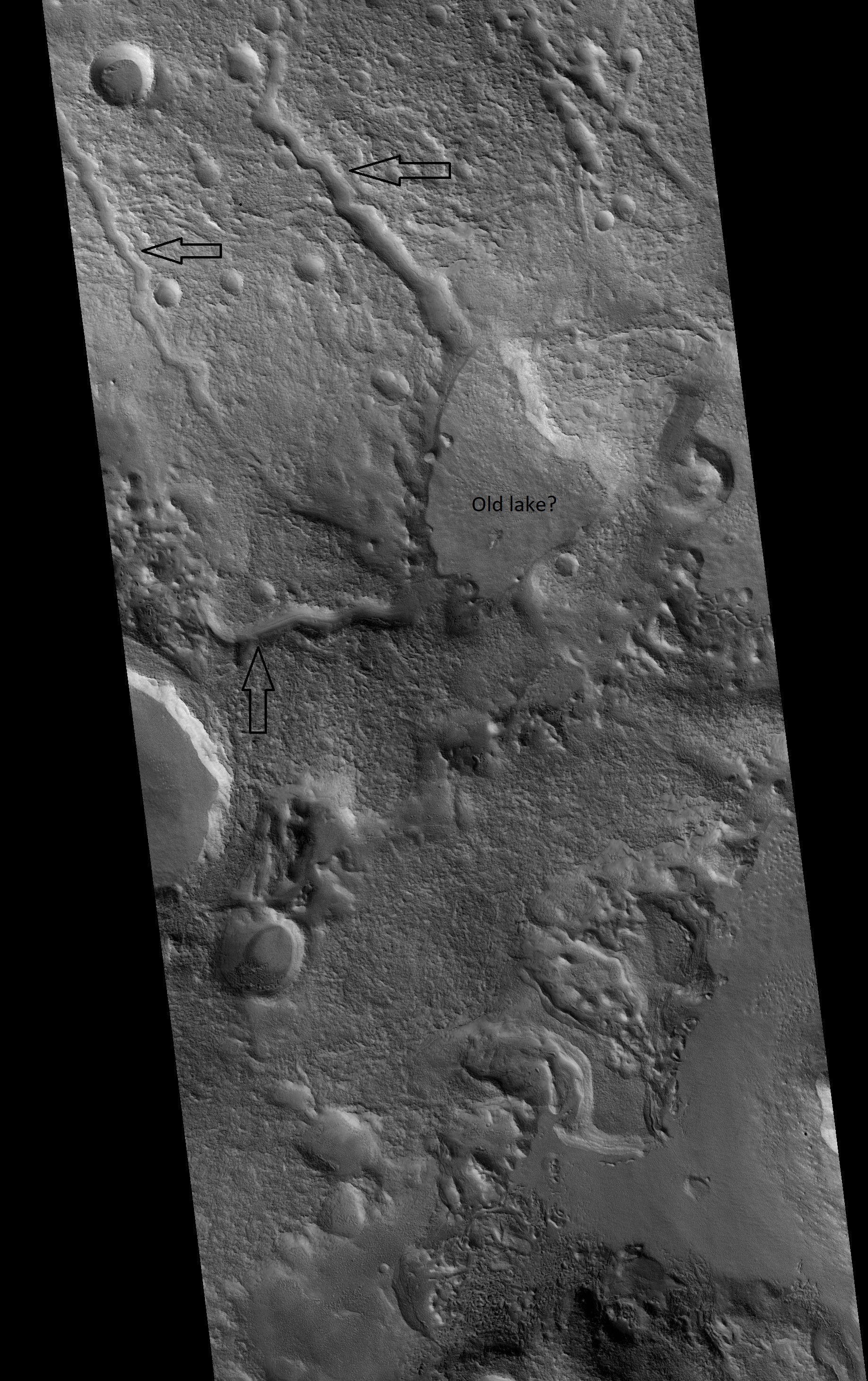 Channels that empty into a low area that could have been a lake, as seen by HiRISE under HiWish program