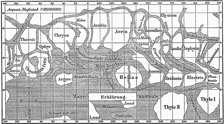 Early Schiaparelli map of Mars with many of the names we use today