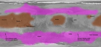 Map showing locations of gullies (brown) and streaks (pink)