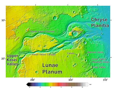 right Area around northern Kasei Valles, showing relationships among Kasei Valles, Bahram Vallis, Vedra Valles, Maumee Valles, and Maja Valles. Map location is in Lunae Palus quadrangle and includes parts of Lunae Planum and Chryse Planitia.