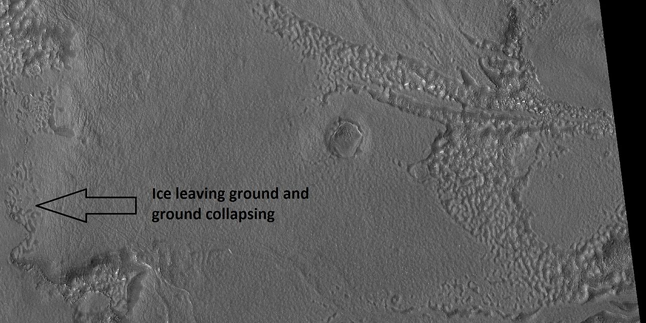 Close view of upper plains unit breaking down into brain terrain, as seen by HiRISE under HiWish program As ice leaves the ground, the ground collapses and winds blow the remaining dust away.