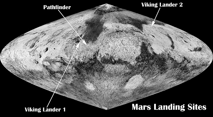 Map showing locations of Viking landers and Pathfinder Note Viking 2 in far North.