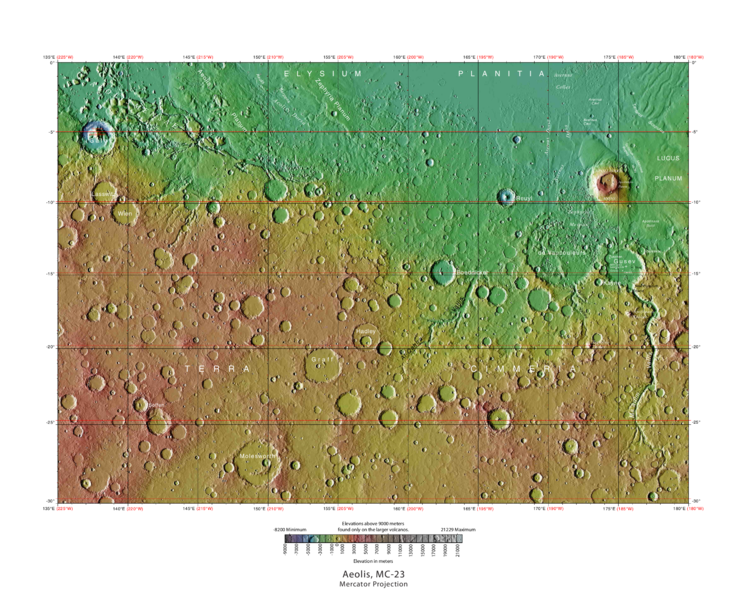 Labeled topo map of Aeolis quadrangle Colors indicate elevation