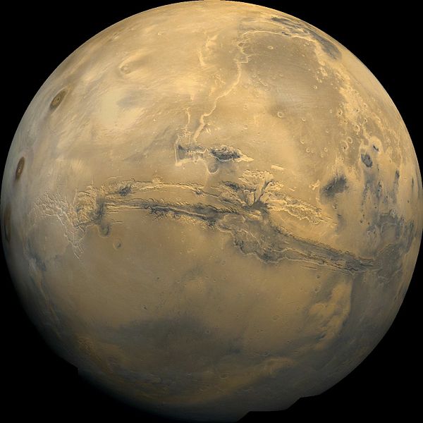 Composite image from Viking 1 orbiter showing the great canyon system called Valles Marineris
