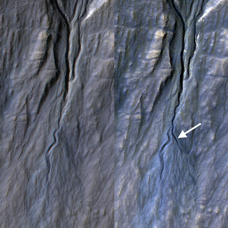 Chnages in gullies, as seen by HiRISE This shows that gullies are forming today, even though liquid water can not exist on the surface today.