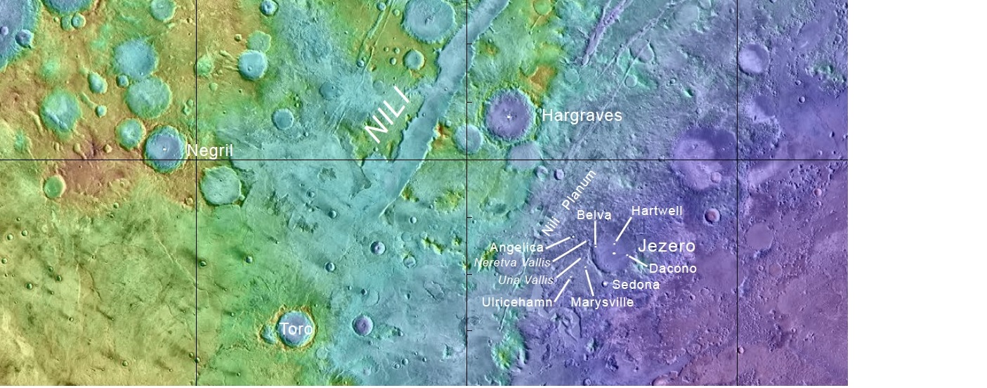 Close view of features in and around Jezero Crater