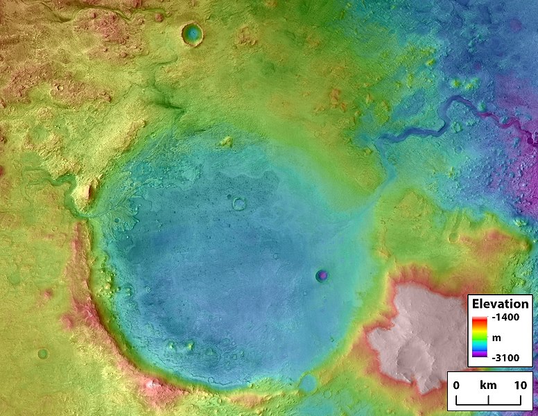 Rivers on the left side of Jezero carried water into the crater, while the overflow went out at the upper right.