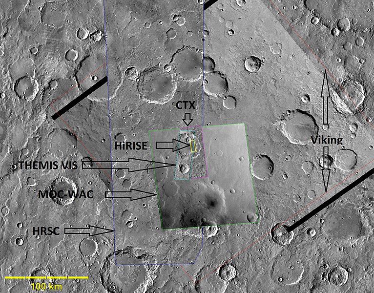 Composite demonstrating relative resolution of 7 different cameras that imaged Mars:HiRISE (Mars Reconnaissance Orbiter), THEMIS VIS (Mars Odyssey), MOC-WAC (Mars Global Surveyor), HRSC (Mars Express), CTX (Mars Reconnaissance Orbiter), Viking, Mariner 4. Location is Memnonia quadrangle.