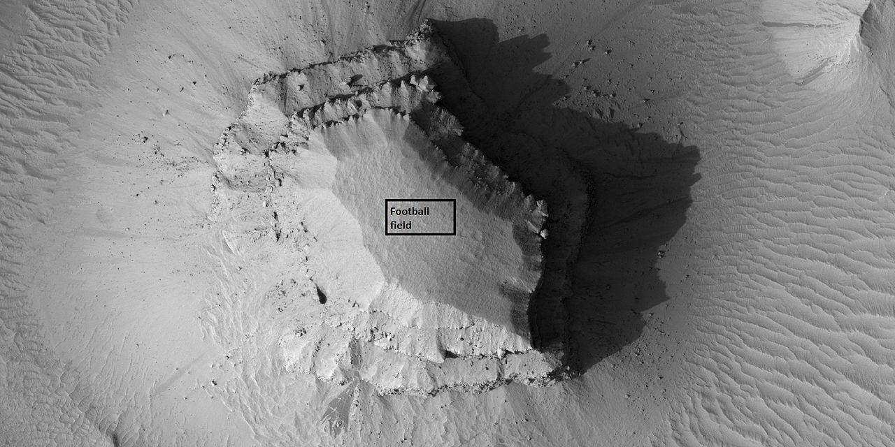 Close view of layered small mesa with dark slope streak, as seen by HiRISE under HiWish program Box shows the size of a football field.