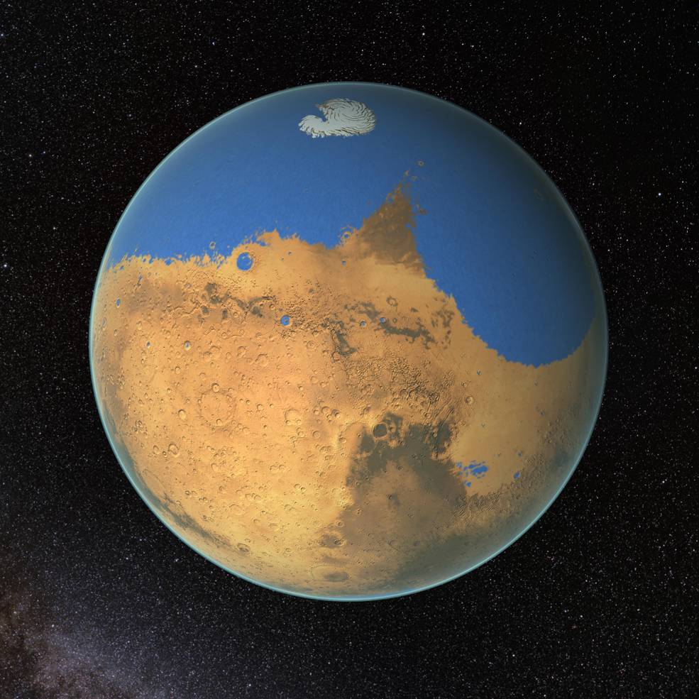 Drawing showing the extent of ocean on Mars