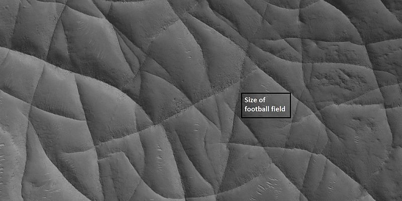 Close view of network of ridges, as seen by HiRISE under HiWish program Box shows the size of a football field.