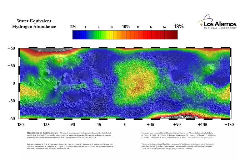 Map showing global abundance of water in the surface of Mars, as measured by Mars Odyssey
