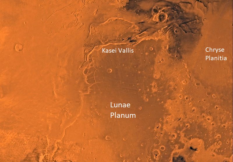 Labeled image of the Lunae Palus Quadrangle (MC-10). The central part includes Lunae Planum which, on the west and north borders, is dissected by Kasei Valles which, in turn, terminates in Chryse Planitia