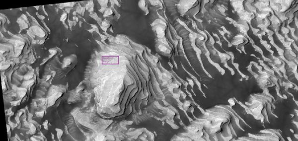 Layers on the floor of Danielson Crater taken under the HiWish program Box shows size of a football field.